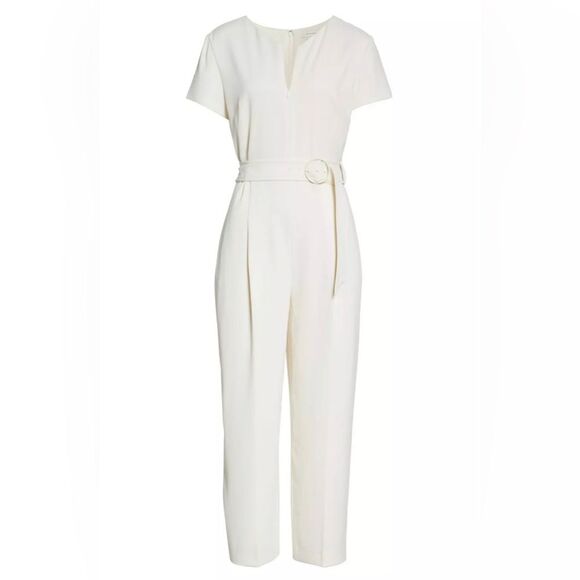 Club Monaco Women's Short Sleeve Zip Neck Beige Cream Polyester Jumpsuit EUC - Picture 2 of 9